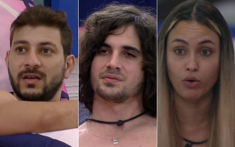 Montagem com Caio Afiune, Fiuk e Sarah Andrade no BBB21