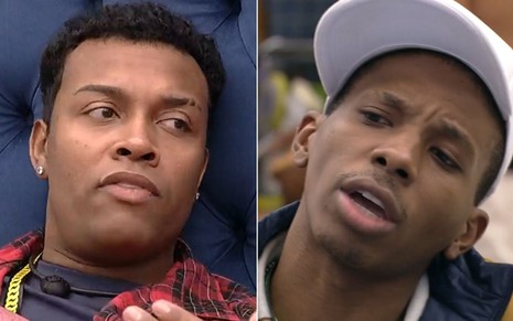Montagem com Nego Di irritado e Lucas Penteado surpreso no BBB21