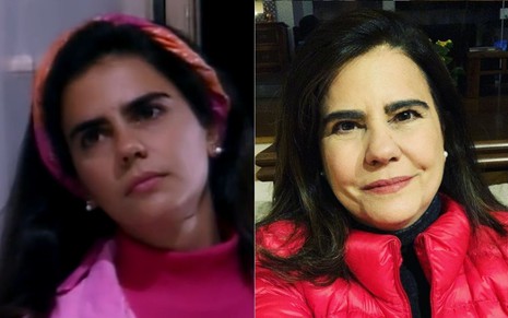 Montagem de fotos com a atriz Mayara Magri na série Delegacia de Mulheres (à esquerda, em 1990) e atualmente (à direita)