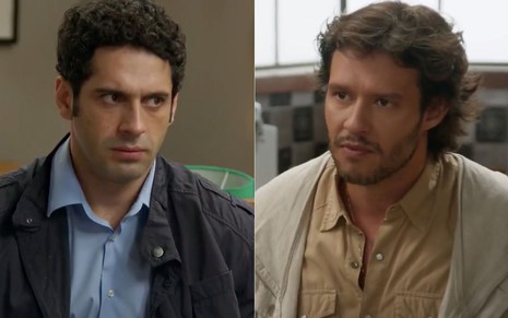 Montagem de fotos com os personagens Beto (João Baldasserini, à esquerda) e Henrique (Nando Rodrigues, à direita) se olhando com seriedade em cena da novela Haja Coração, da Globo