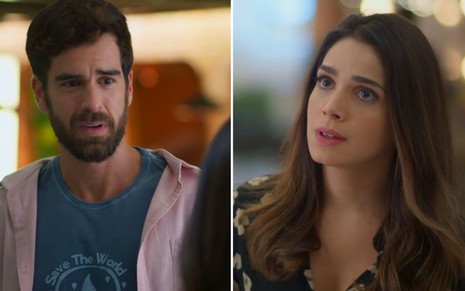 Montagem com os atores Marcos Pitombo e Sabrina Petraglia em cenas da novela Salve-se Quem Puder