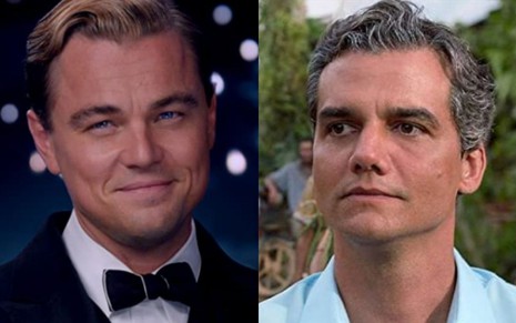 Leonardo DiCaprio e Wagner Moura em montagem, com o americano de terno e o brasileiro de camisa azul
