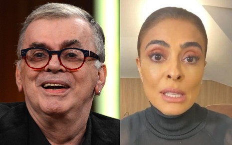 Montagem com o rosto de Walcyr Carrasco na esquerda e o rosto de Juliana Paes na direita