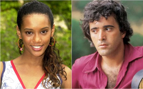 Taís Araujo sorri em cena de Da Cor do Pecado e Tony Ramos sério em cena de Pai Herói
