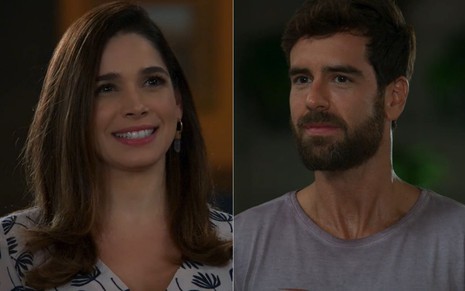 Montagem com a atriz Sabrina Petraglia e o ator Marcos Pitombo em cena de Salve-se Quem Puder