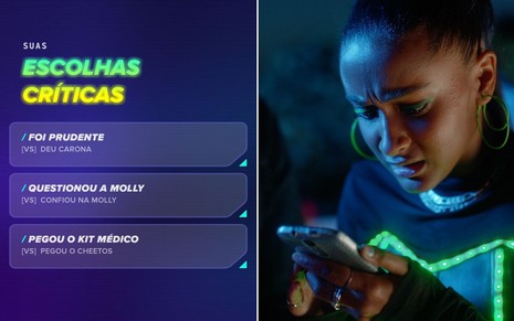 A atriz Shea Gabor encara atônita a tela de um aparelho celular na série Swipe Night, do Tinder