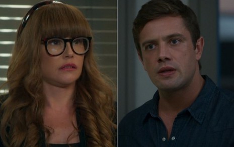 Montagem com a atriz Deborah Secco e o ator Rafael Cardoso com expressões de surpresa em cena como Alexia/Josimara e Renzo de Salve-se Quem Puder