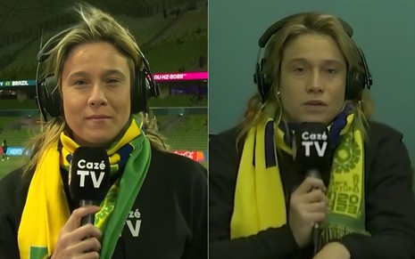Montagem com duas fotos de Fernanda Gentil, a primeira esperançosa e a segunda deprimida