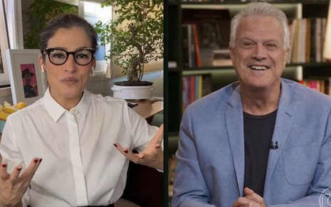 Renata Vasconcellos conversando com Pedro Bial por chamada de vídeo no Conversa