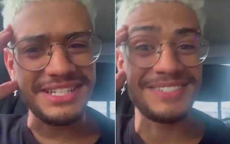 Montagem com duas fotos de Gabriel Santana com expressão de surpresa