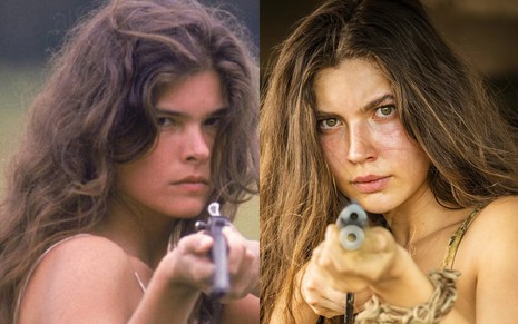 Montagem com uma foto de Cristiana Oliveira, e outra de Alanis Guillen. Ambas estão caracterizadas como Juma, e seguram uma arma enquanto encaram a câmera