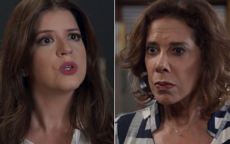 Montagem das atrizes Mariana Santos, tensa, e Angela Vieira, chocada, como Maria Pia e Lígia de Pega Pega