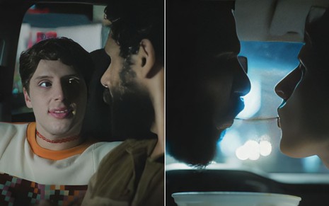 Montagem com Diego Martins como Kelvin à esquerda; e o beijo entre Kelvin e Ramiro (Amaury Lorenzo) à direita em Terra e Paixão