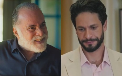 Montagem com Tony Ramos, o Antônio La Selva, e Rainer Cadete, o Luigi, em cenas de Terra e Paixão; o primeiro parece furioso, e o segundo, constrangido