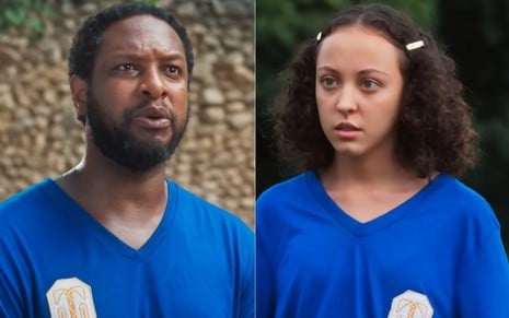 Montagem com Onofre (Guilherme Silva) e Lucinha (Zu Vedovato) em cenas da novela Além da Ilusão