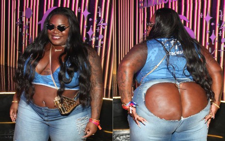 Montagem com foto de Jojo de mega hair, óculos pretos em formato de coração e calça jeans rasgada no bumbum