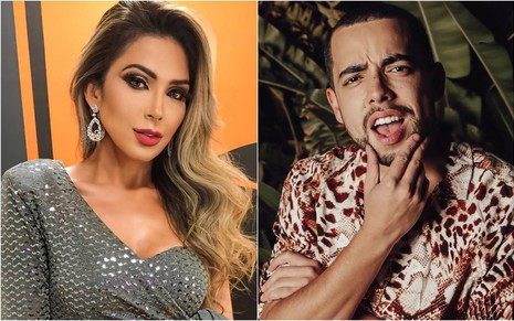 Nadja veste um vestido prata com brilhos, olha para a câmera e está com o cabelo solto; ela está na frente de uma parede laranja; Lucas está com uma mão no queixo, está com a boca aberta e veste camiseta com estampa de pele de onça