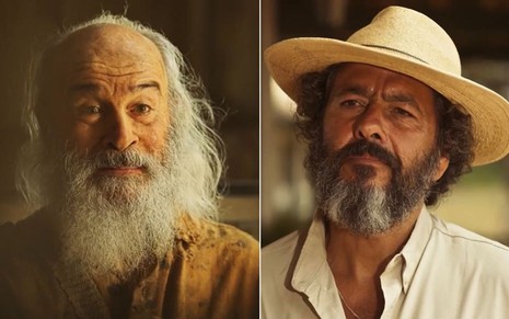 Os atores Osmar Prado e Marcos Palmeira como Velho do Rio e José Leôncio em Pantanal; na montagem, eles estão olhando para o mesmo lado, o primeiro quase que sorrindo e o segundo com cara séria e reflexivo