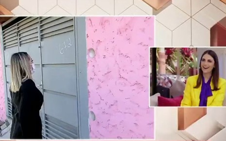 Repórter de frente para o portão da suposta casa da Grávida de Taubaté; Chris Flores de blazer amarelo no estúdio do Vem Pra Cá