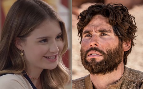 Sophia Valverde em cena de Poliana Moça, do SBT, e Dudu Azevedo em Jesus, novela da Record