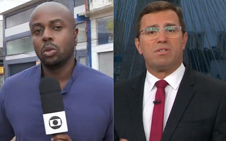 Montagem com o repórter Willian Rafael segurando um microfone na rua; e Rodrigo Bocardi de terno no estúdio