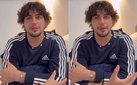 Nattan em vídeo publicado no Instagram, com cara séria, usando uma blusa azul da Adidas