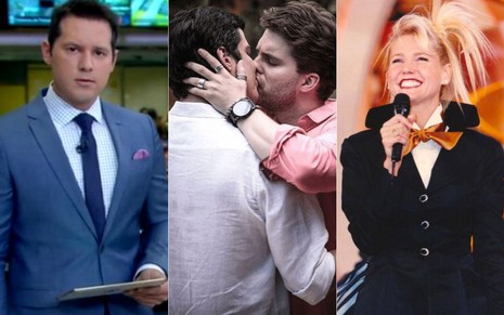 Montagem com fotos de Dony De Nuccio no Jornal Hoje, Mateus Solano e Thiago Fragoso se beijando em amor à Vida, e Xuxa Meneghel no Planeta Xuxa