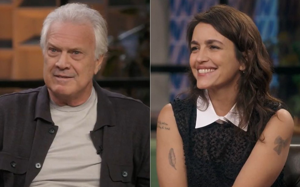 Montagem de Pedro Bial e Manuela Dias no cenário do Conversa com Bial