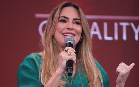 Rachel Sheherazade na coletiva de imprensa de A Grande Conquista 2