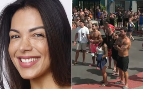 Montagem com Gaby Fontenelle à esquerda e os moradores da casa laranja à direita em A Grande Conquista